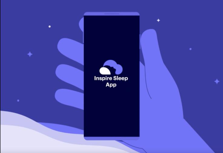 The image is an illustration that features a smartphone displaying the text "Inspire Sleep App" with a cloud-like icon above the text.